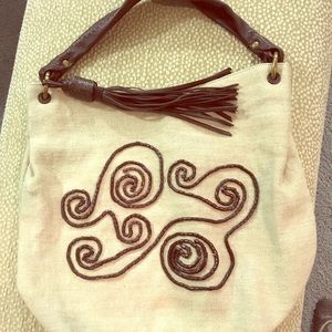 Kate Landry Linen Leather Beaded Hobo Style Purse